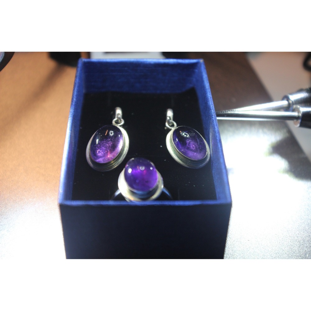 Vintage 925 Sterling Silver/probable Amethyst Cabochon Ring and Earring Set